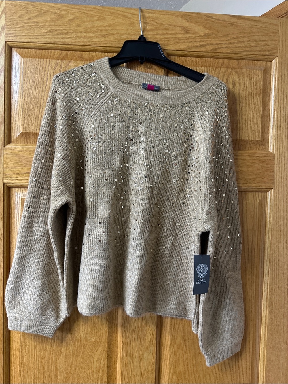 Vince Camuto Beige Sequin Crewneck Sweater